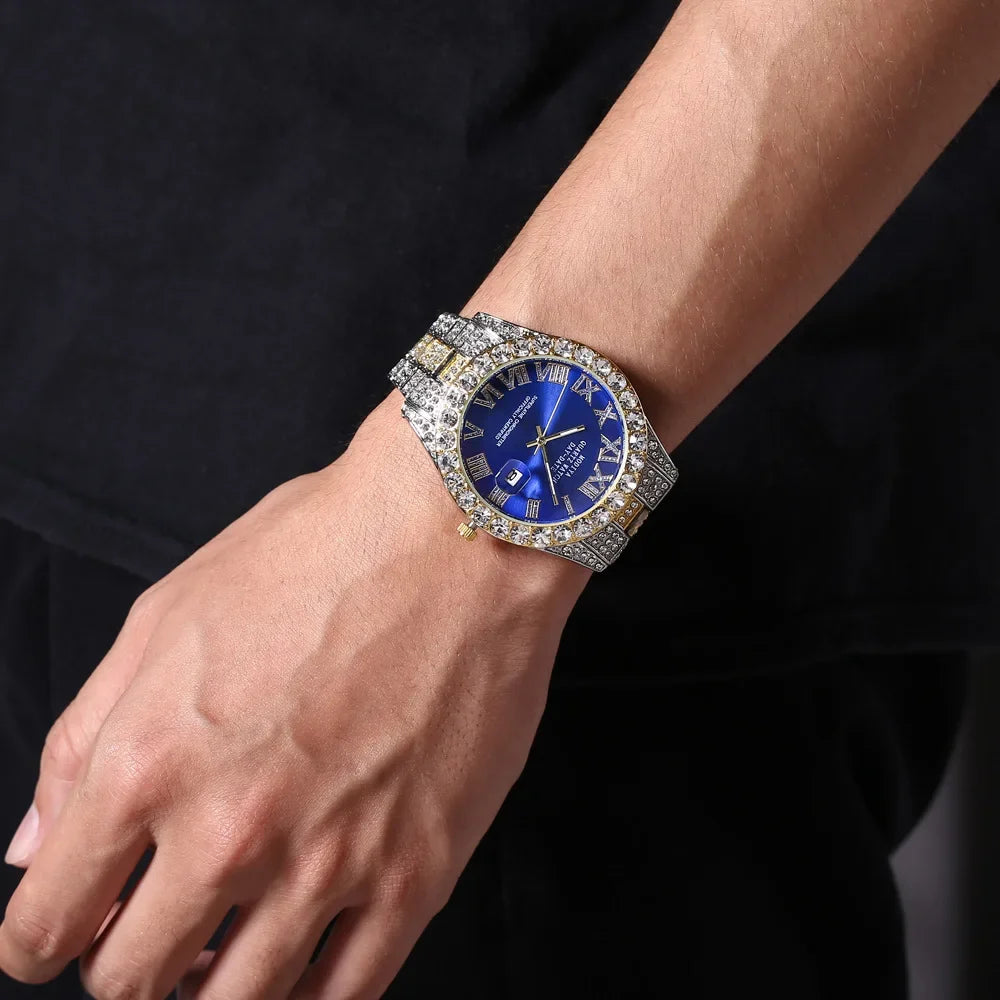 Hot Sale Diamond Bling Watch Men Gold Color Luxury Gift Quartz Watches Male Clock Dropshipping  Rhinestone Calendar Wristwatch