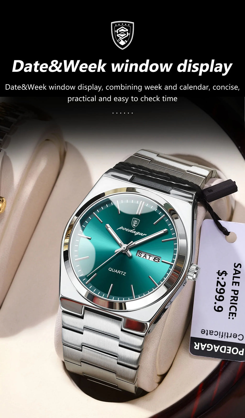 POEDAGAR Luxury Men's Watches Waterproof Luminous Date Week Men Watch Stainless Steel Casual Fashion Quartz Man Wristwatch Reloj