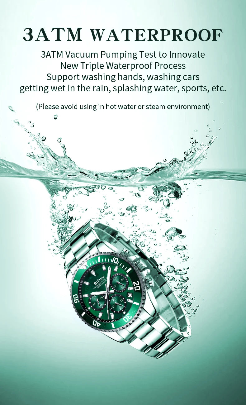 BIDEN Men's sports watch, chronograph, waterproof date simulation quartz watch, men's business watch