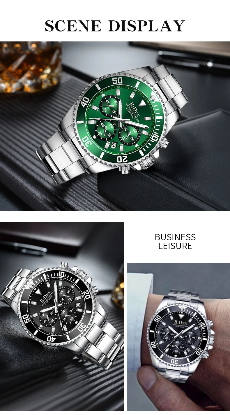BIDEN Men's sports watch, chronograph, waterproof date simulation quartz watch, men's business watch