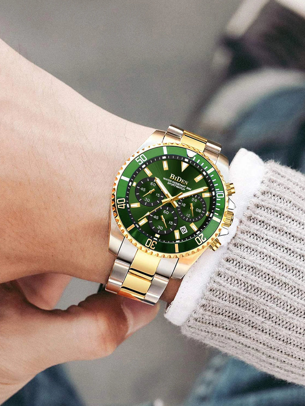 BIDEN Men's sports watch, chronograph, waterproof date simulation quartz watch, men's business watch