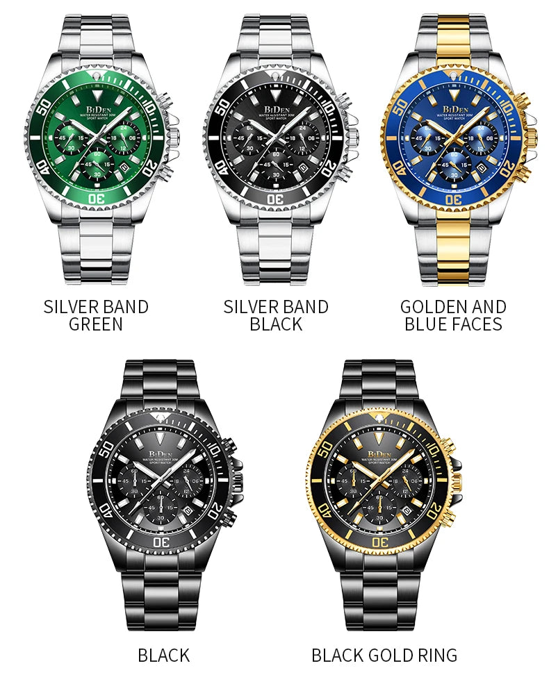 BIDEN Men's sports watch, chronograph, waterproof date simulation quartz watch, men's business watch