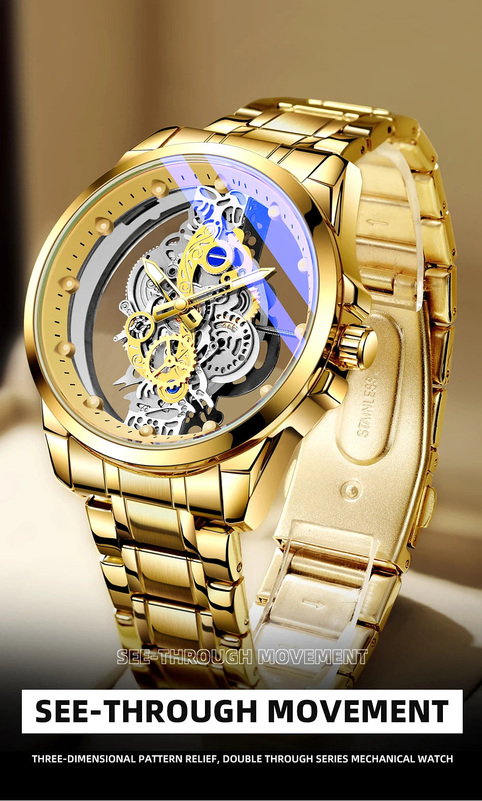 Hot Trendy Fashion Wholesale Men Golden Skeleton Automatic Quartz Wrist Watches Luxury