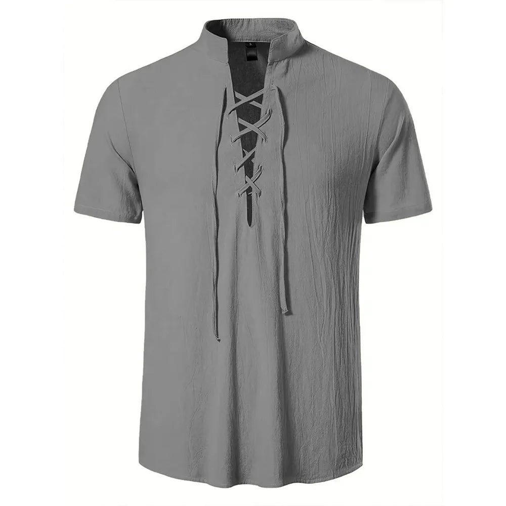 Men's Retro Shirt Short Sleeve Cotton Linen Lightweight Breathable Solid Color Fashion Tops Pirate V-neck Male Stylish Shirs