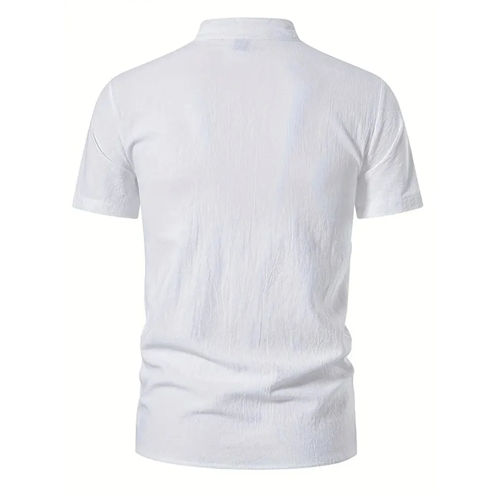 Men's Retro Shirt Short Sleeve Cotton Linen Lightweight Breathable Solid Color Fashion Tops Pirate V-neck Male Stylish Shirs