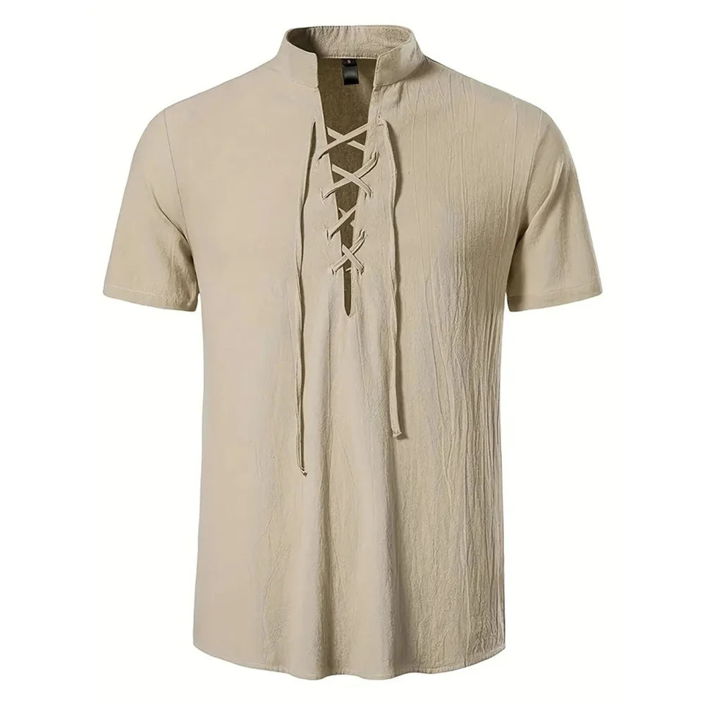 Men's Retro Shirt Short Sleeve Cotton Linen Lightweight Breathable Solid Color Fashion Tops Pirate V-neck Male Stylish Shirs