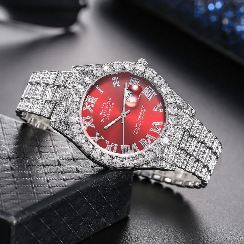 Hot Sale Diamond Bling Watch Men Gold Color Luxury Gift Quartz Watches Male Clock Dropshipping  Rhinestone Calendar Wristwatch