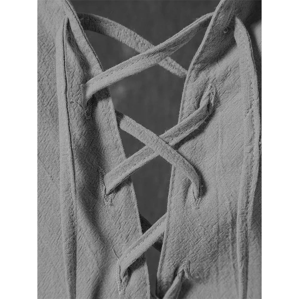 Men's Retro Shirt Short Sleeve Cotton Linen Lightweight Breathable Solid Color Fashion Tops Pirate V-neck Male Stylish Shirs