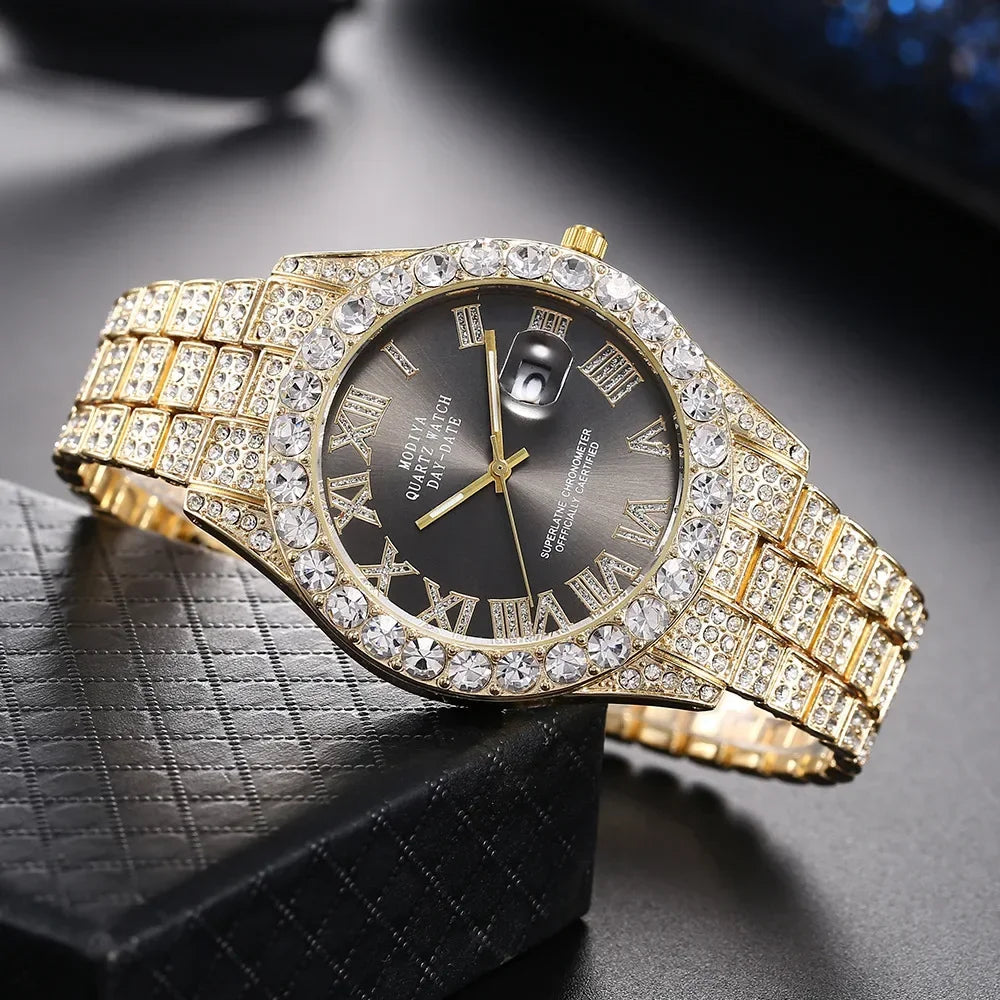 Hot Sale Diamond Bling Watch Men Gold Color Luxury Gift Quartz Watches Male Clock Dropshipping  Rhinestone Calendar Wristwatch