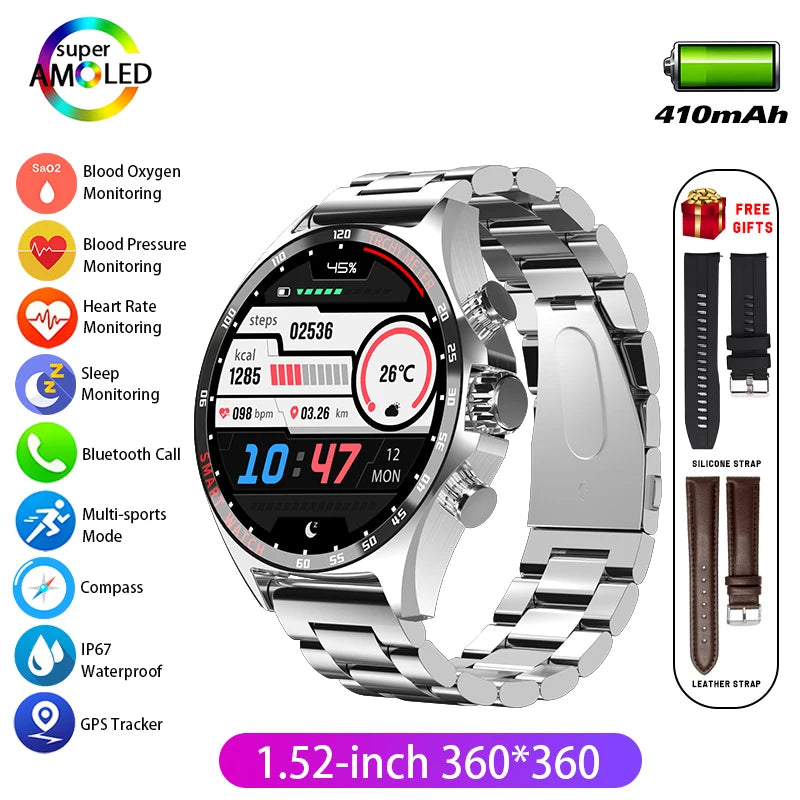 Hotsale Silver Gold Stainless Steel Color Smart Watch 1.58 Inch Bt Call Nfc Wireless Charging Smartwatch