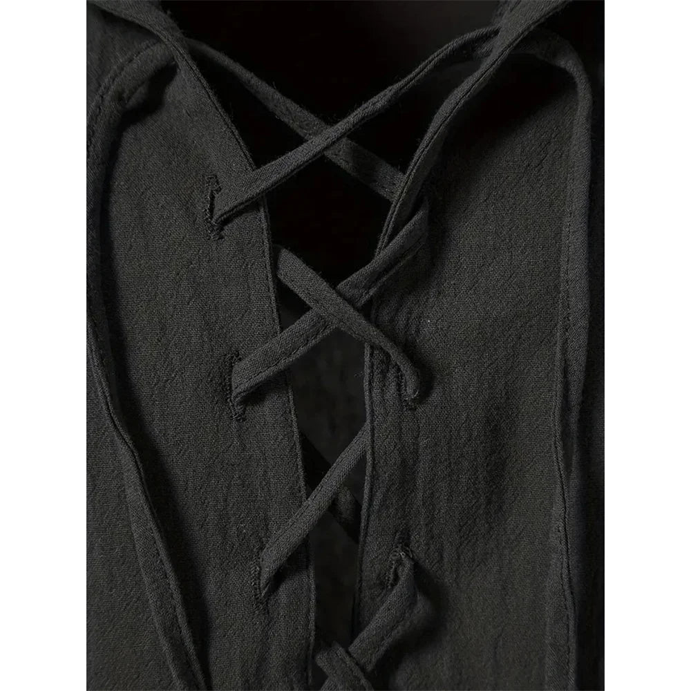 Men's Retro Shirt Short Sleeve Cotton Linen Lightweight Breathable Solid Color Fashion Tops Pirate V-neck Male Stylish Shirs