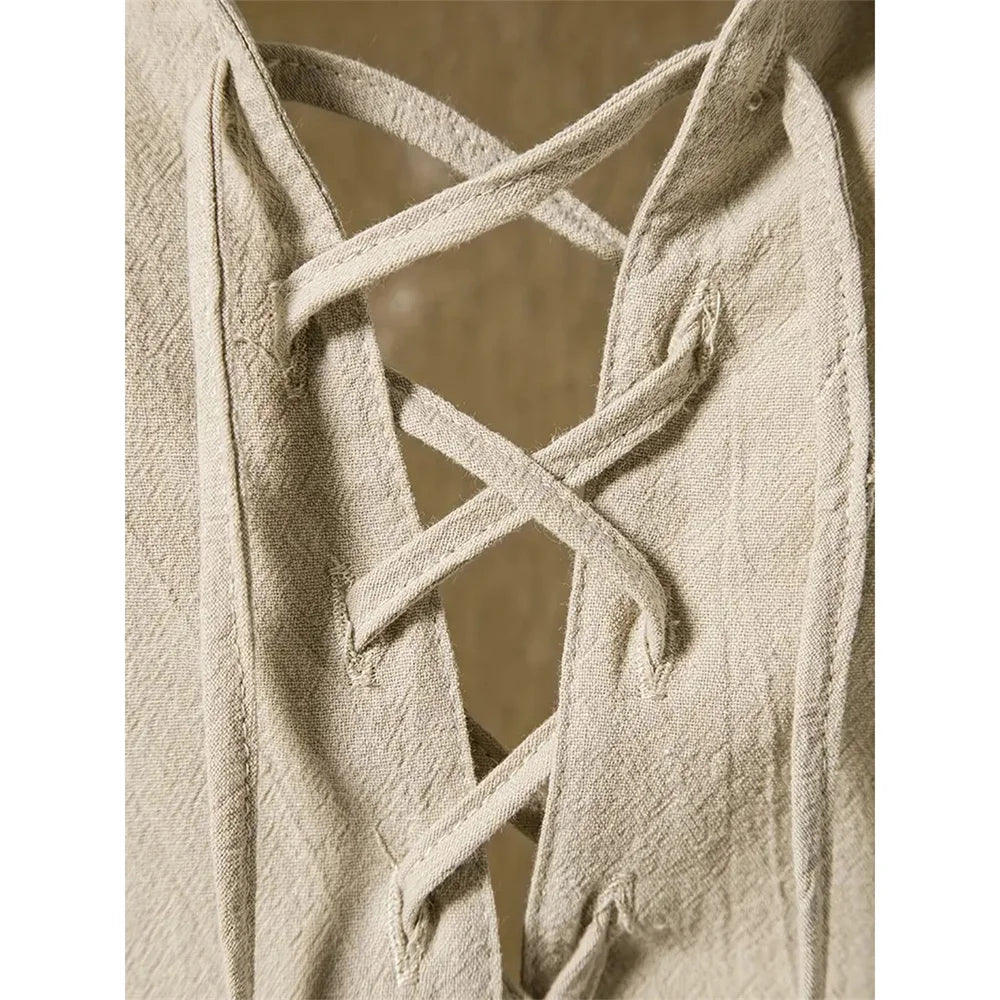 Men's Retro Shirt Short Sleeve Cotton Linen Lightweight Breathable Solid Color Fashion Tops Pirate V-neck Male Stylish Shirs