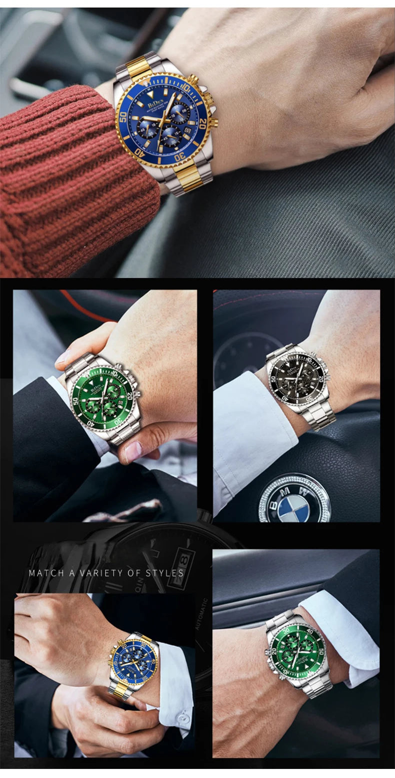 BIDEN Men's sports watch, chronograph, waterproof date simulation quartz watch, men's business watch