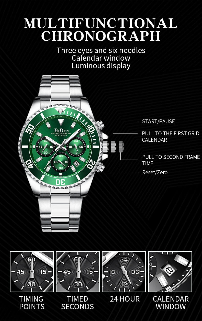 BIDEN Men's sports watch, chronograph, waterproof date simulation quartz watch, men's business watch