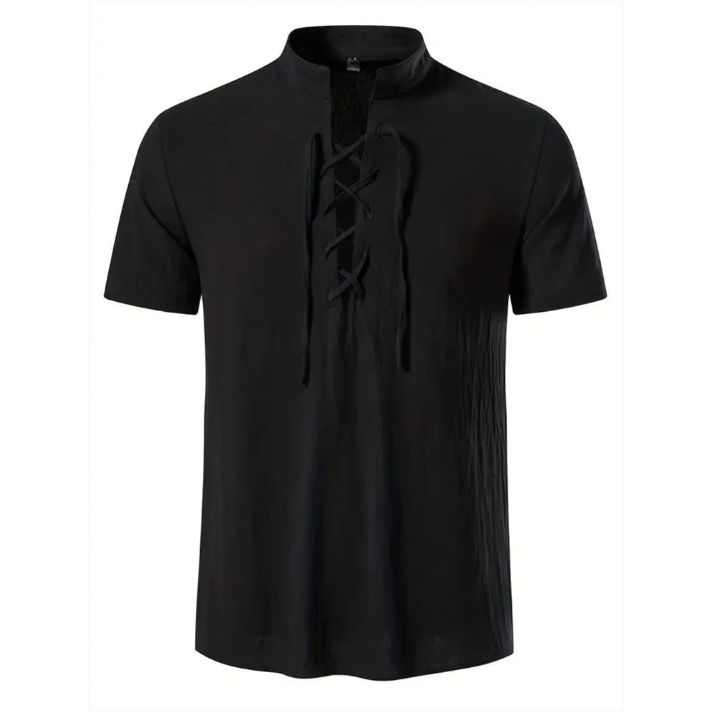 Men's Retro Shirt Short Sleeve Cotton Linen Lightweight Breathable Solid Color Fashion Tops Pirate V-neck Male Stylish Shirs