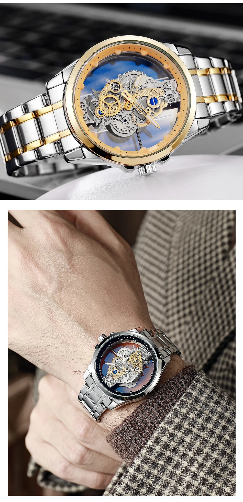 Hot Trendy Fashion Wholesale Men Golden Skeleton Automatic Quartz Wrist Watches Luxury