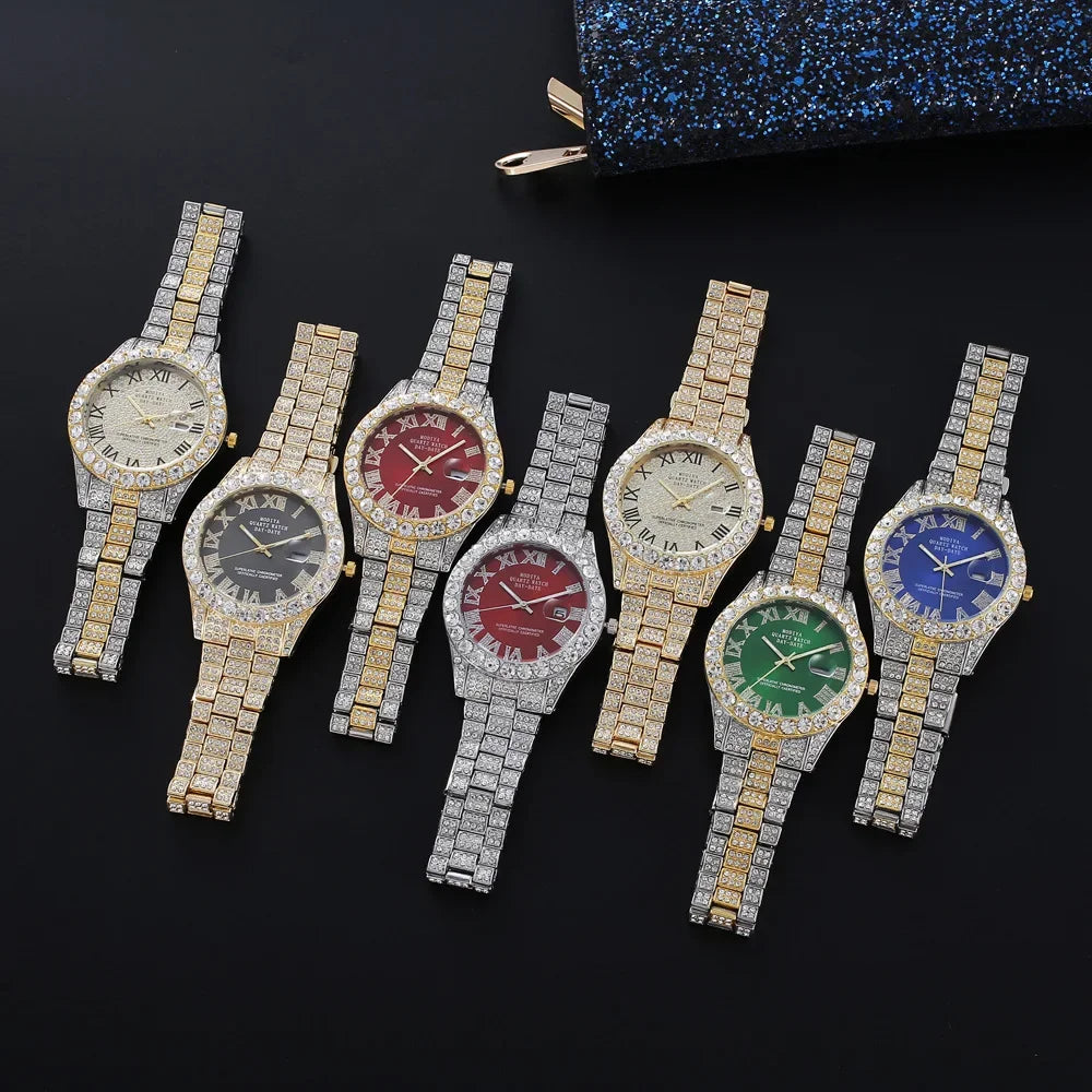 Hot Sale Diamond Bling Watch Men Gold Color Luxury Gift Quartz Watches Male Clock Dropshipping  Rhinestone Calendar Wristwatch