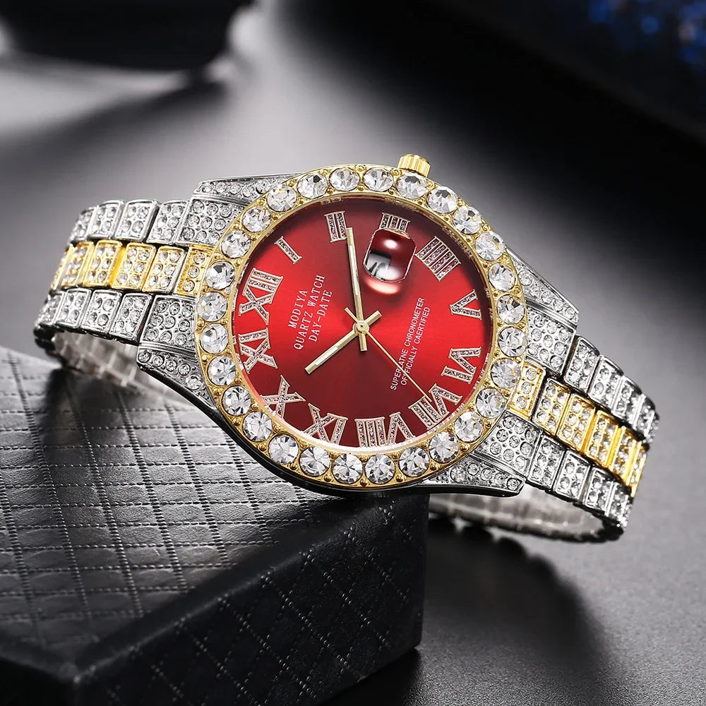 Hot Sale Diamond Bling Watch Men Gold Color Luxury Gift Quartz Watches Male Clock Dropshipping  Rhinestone Calendar Wristwatch