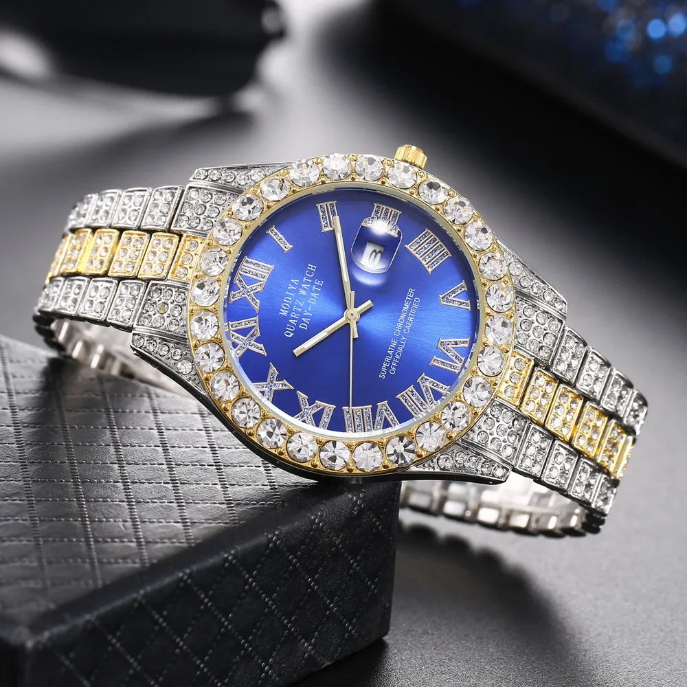 Hot Sale Diamond Bling Watch Men Gold Color Luxury Gift Quartz Watches Male Clock Dropshipping  Rhinestone Calendar Wristwatch