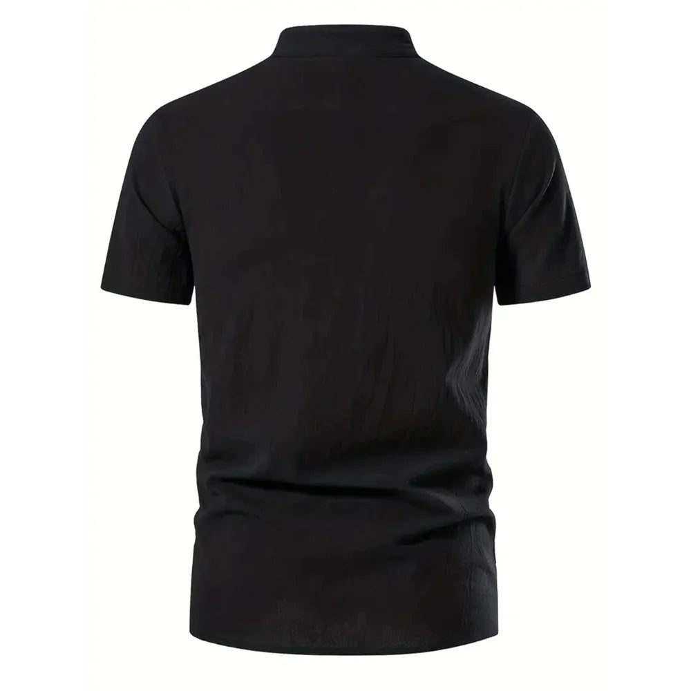 Men's Retro Shirt Short Sleeve Cotton Linen Lightweight Breathable Solid Color Fashion Tops Pirate V-neck Male Stylish Shirs