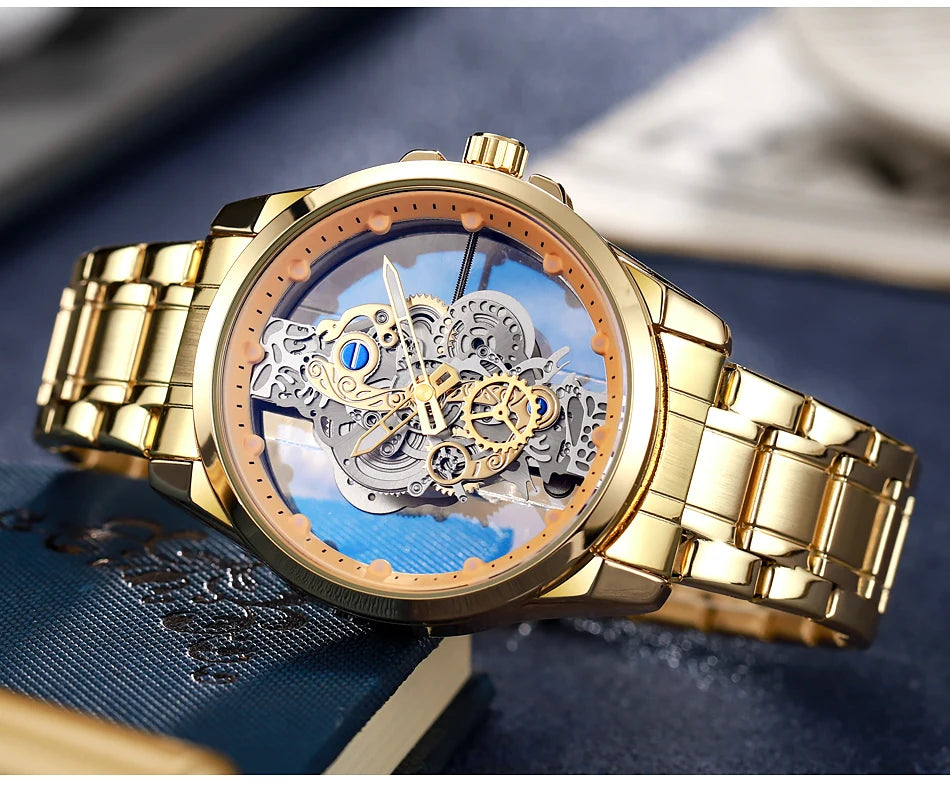 Hot Trendy Fashion Wholesale Men Golden Skeleton Automatic Quartz Wrist Watches Luxury