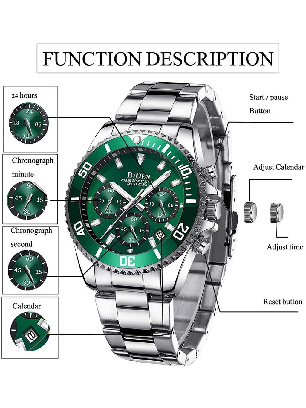 BIDEN Men's sports watch, chronograph, waterproof date simulation quartz watch, men's business watch