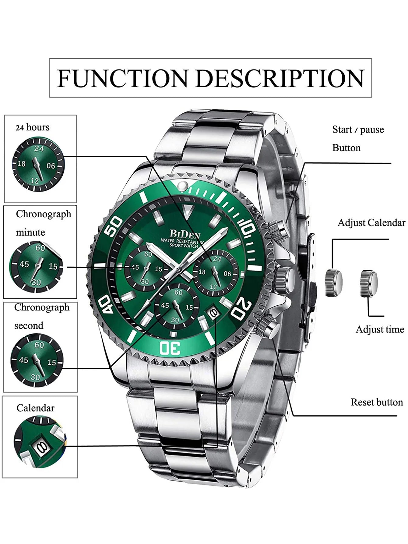 BIDEN Men's sports watch, chronograph, waterproof date simulation quartz watch, men's business watch