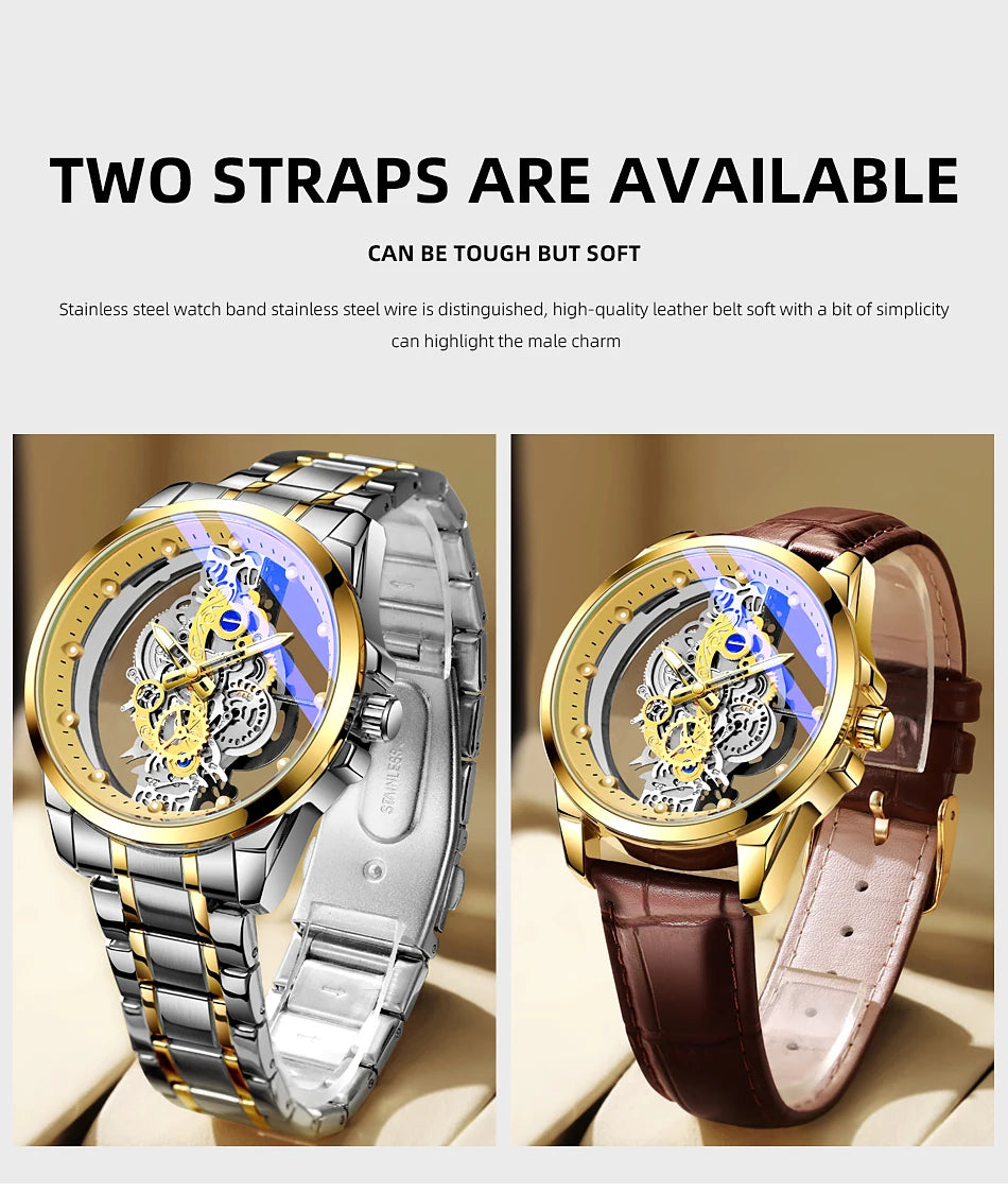 Hot Trendy Fashion Wholesale Men Golden Skeleton Automatic Quartz Wrist Watches Luxury