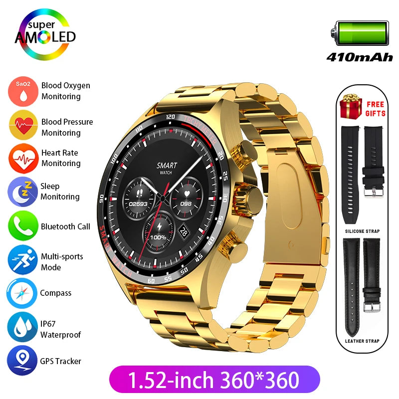 Hotsale Silver Gold Stainless Steel Color Smart Watch 1.58 Inch Bt Call Nfc Wireless Charging Smartwatch
