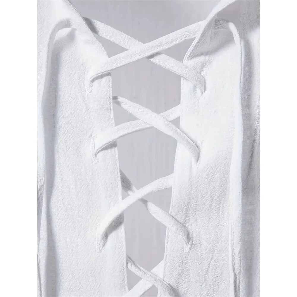 Men's Retro Shirt Short Sleeve Cotton Linen Lightweight Breathable Solid Color Fashion Tops Pirate V-neck Male Stylish Shirs