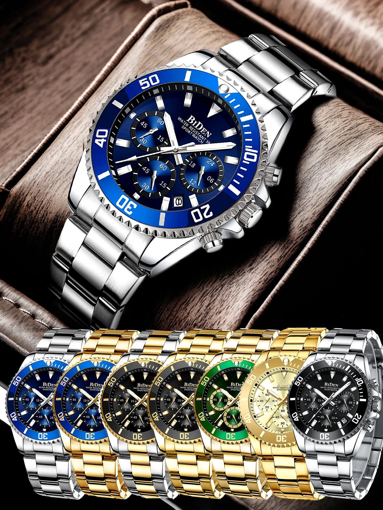 BIDEN Men's sports watch, chronograph, waterproof date simulation quartz watch, men's business watch