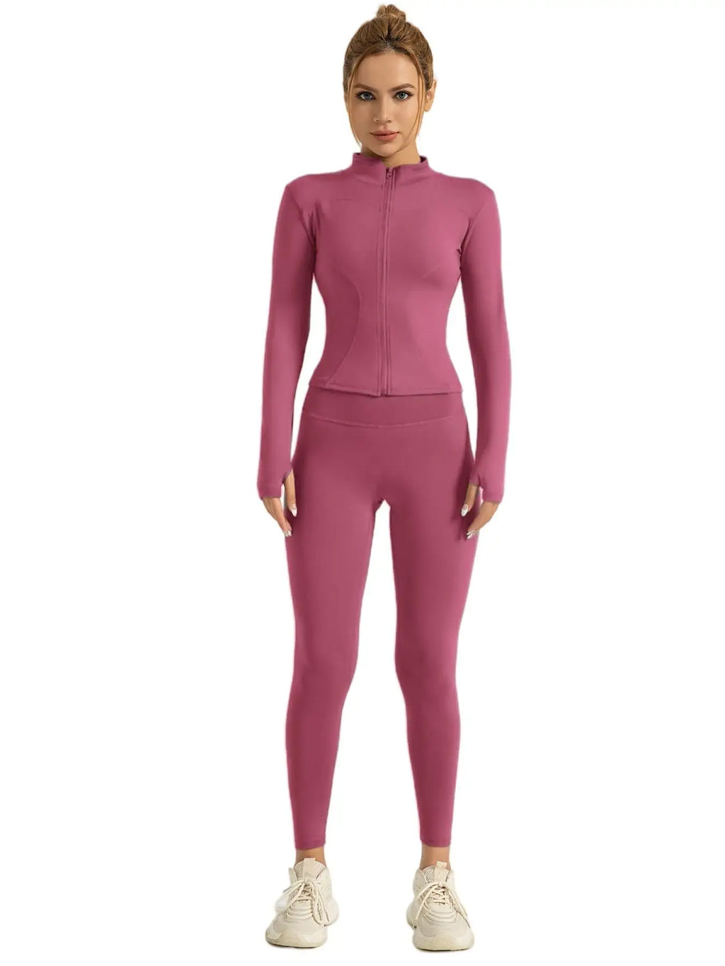 Fitfemme Two-piece Set Women's Solid Zip UpMock Neck Sports Jacket & HighWaist Leggings Set, SportyBreathable Quick Drying