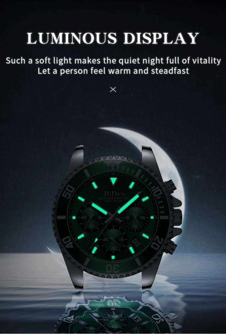 BIDEN Men's sports watch, chronograph, waterproof date simulation quartz watch, men's business watch