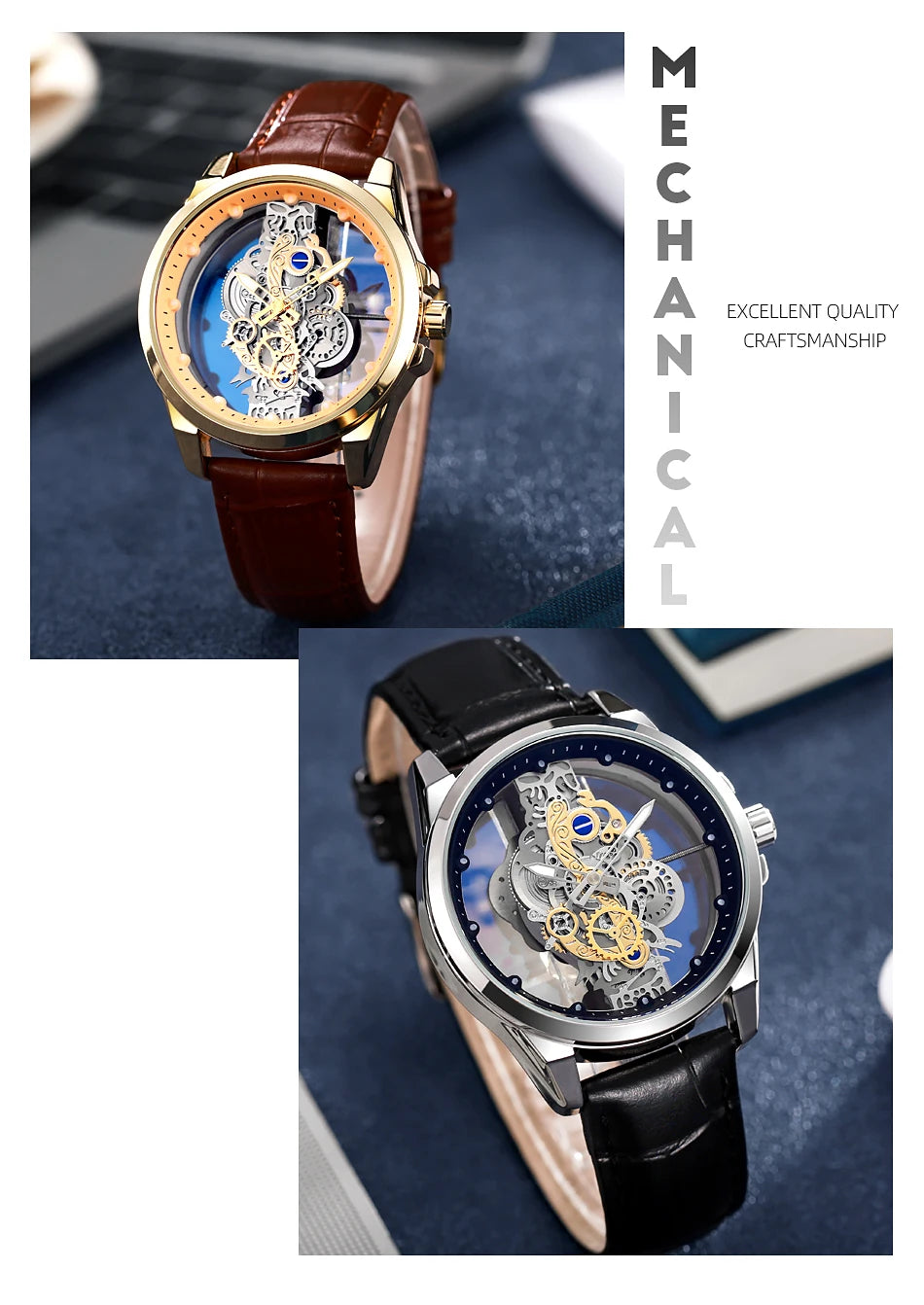 Hot Trendy Fashion Wholesale Men Golden Skeleton Automatic Quartz Wrist Watches Luxury