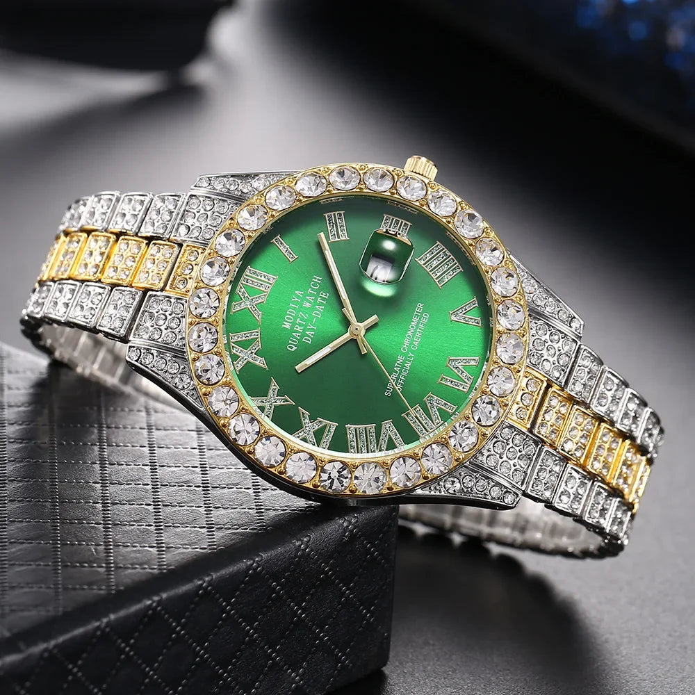 Hot Sale Diamond Bling Watch Men Gold Color Luxury Gift Quartz Watches Male Clock Dropshipping  Rhinestone Calendar Wristwatch