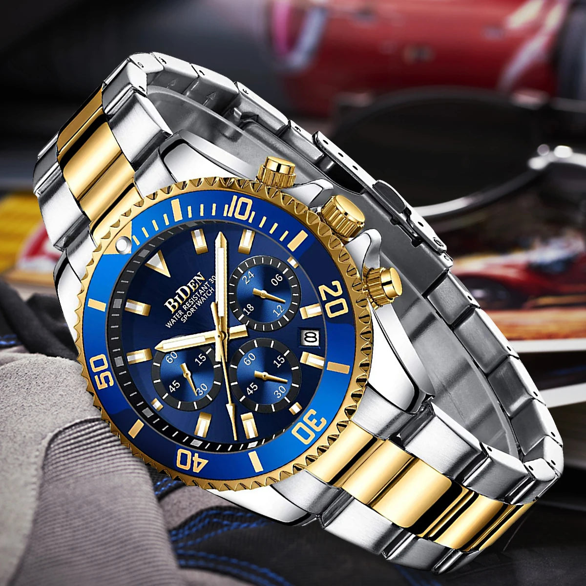 BIDEN Men's sports watch, chronograph, waterproof date simulation quartz watch, men's business watch