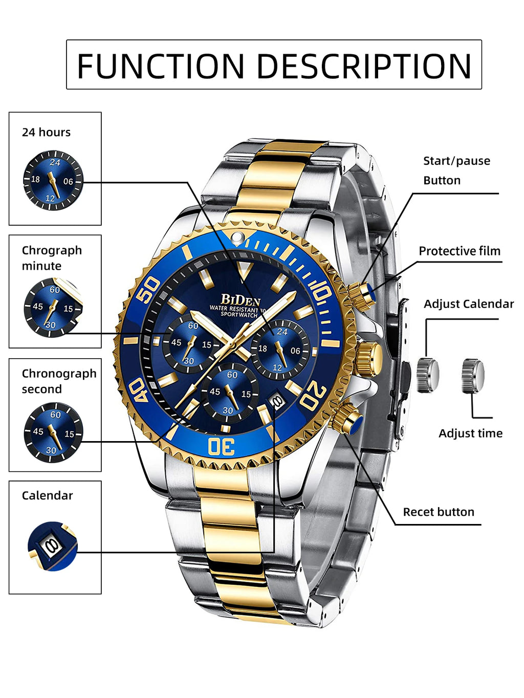 BIDEN Men's sports watch, chronograph, waterproof date simulation quartz watch, men's business watch