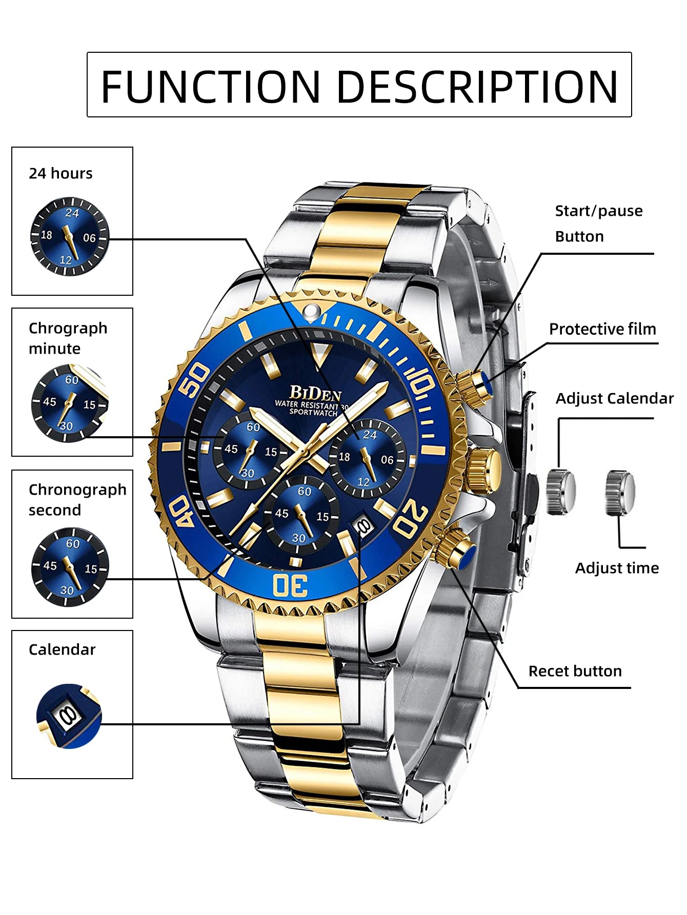 BIDEN Men's sports watch, chronograph, waterproof date simulation quartz watch, men's business watch