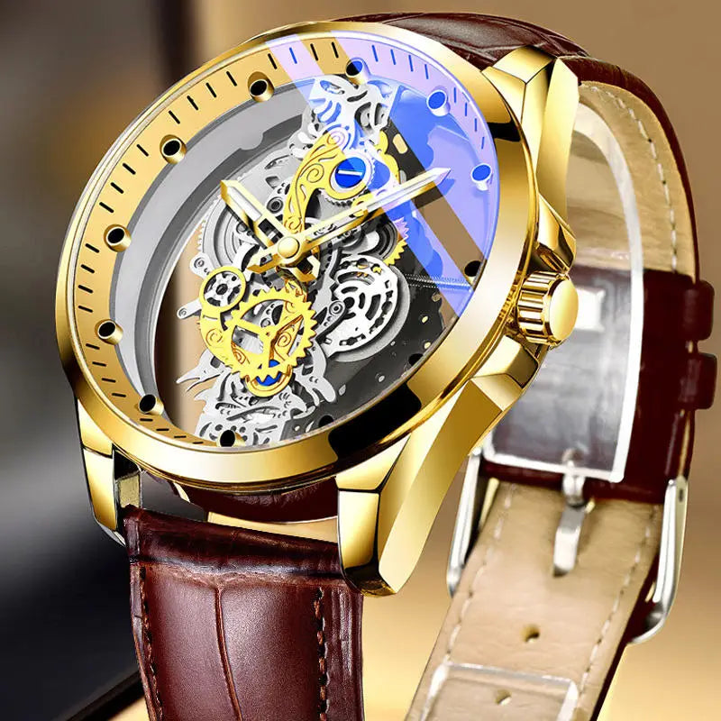 Hot Trendy Fashion Wholesale Men Golden Skeleton Automatic Quartz Wrist Watches Luxury