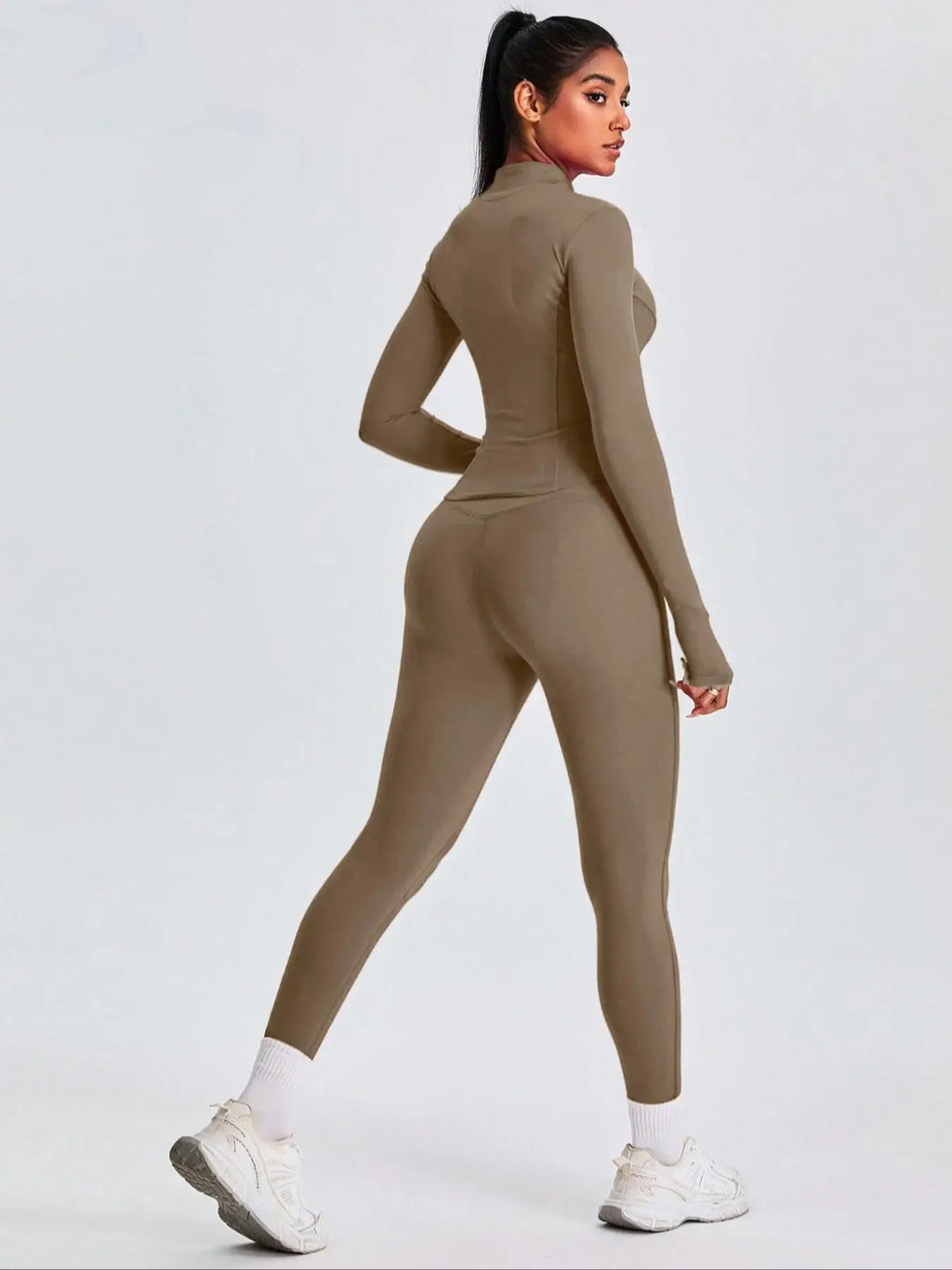 Fitfemme Two-piece Set Women's Solid Zip UpMock Neck Sports Jacket & HighWaist Leggings Set, SportyBreathable Quick Drying