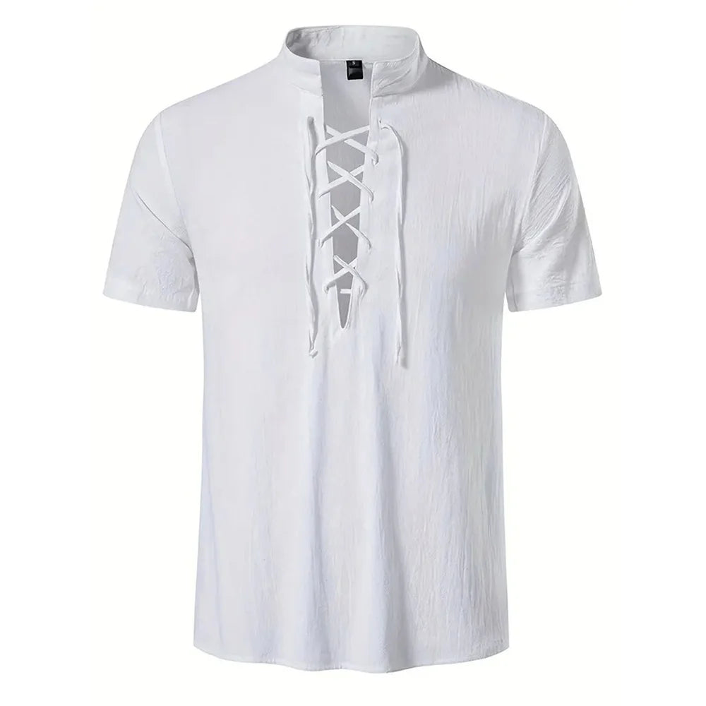 Men's Retro Shirt Short Sleeve Cotton Linen Lightweight Breathable Solid Color Fashion Tops Pirate V-neck Male Stylish Shirs