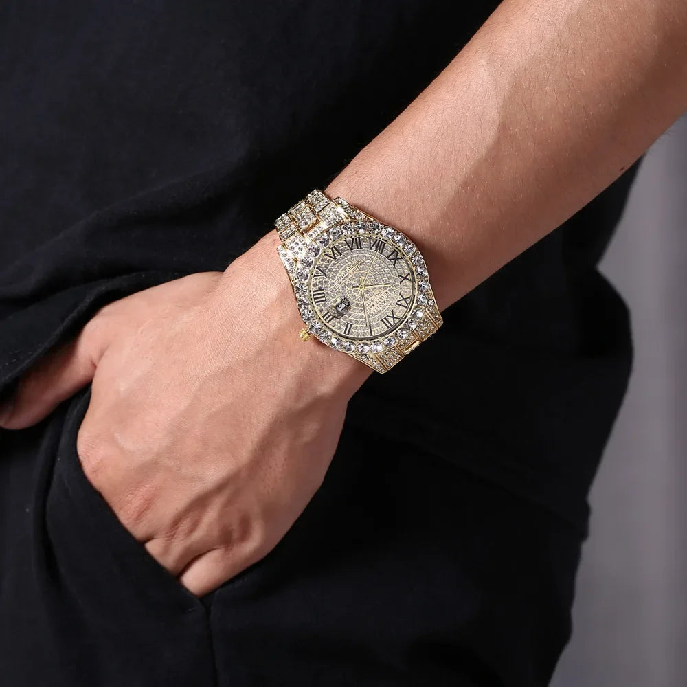 Hot Sale Diamond Bling Watch Men Gold Color Luxury Gift Quartz Watches Male Clock Dropshipping  Rhinestone Calendar Wristwatch