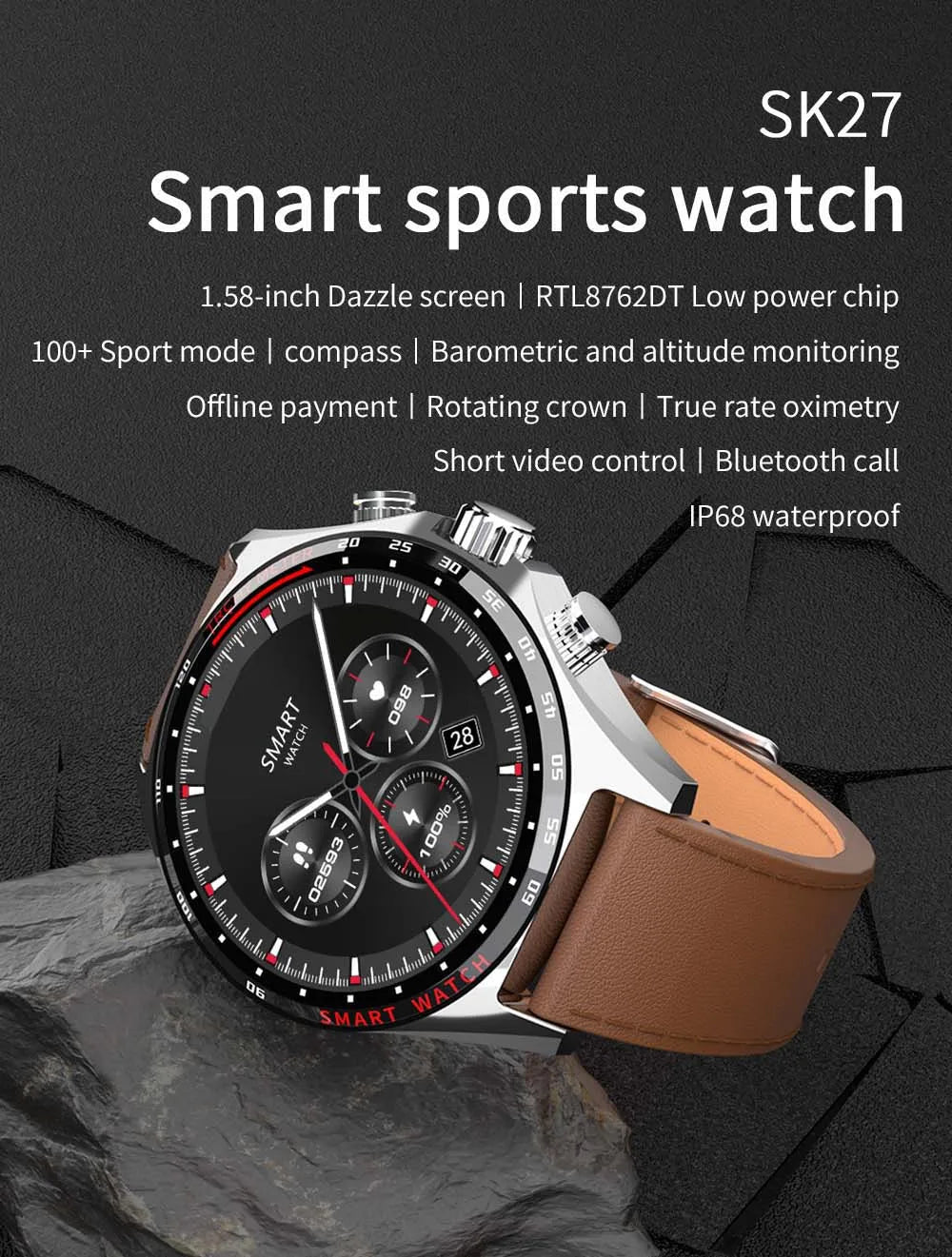 Hotsale Silver Gold Stainless Steel Color Smart Watch 1.58 Inch Bt Call Nfc Wireless Charging Smartwatch