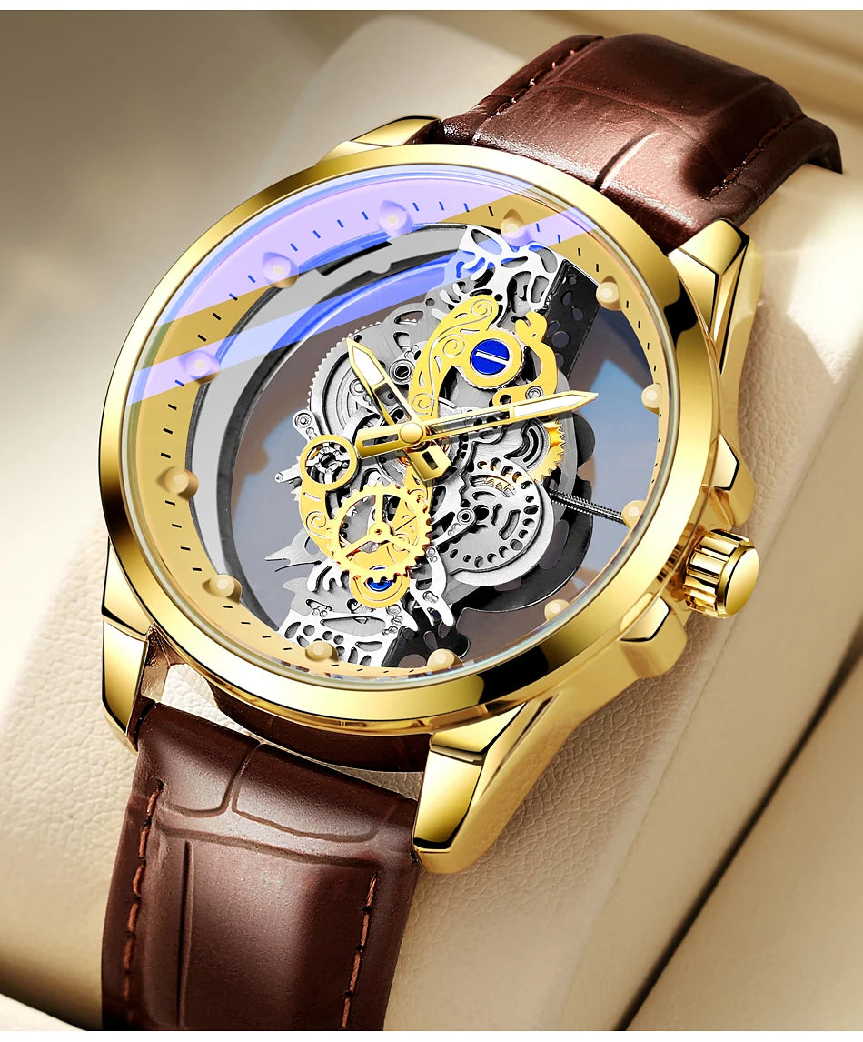 Hot Trendy Fashion Wholesale Men Golden Skeleton Automatic Quartz Wrist Watches Luxury