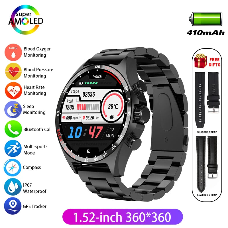 Hotsale Silver Gold Stainless Steel Color Smart Watch 1.58 Inch Bt Call Nfc Wireless Charging Smartwatch