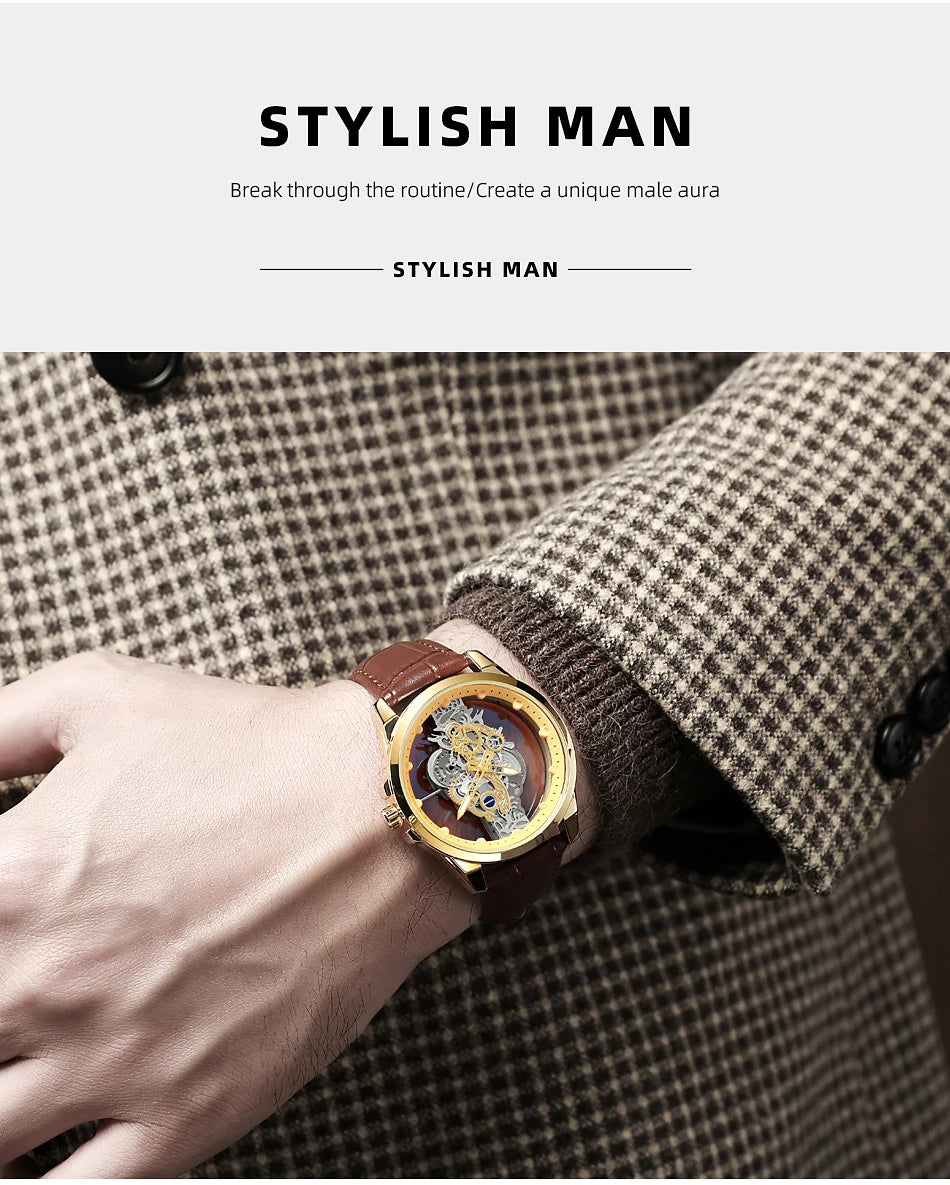 Hot Trendy Fashion Wholesale Men Golden Skeleton Automatic Quartz Wrist Watches Luxury