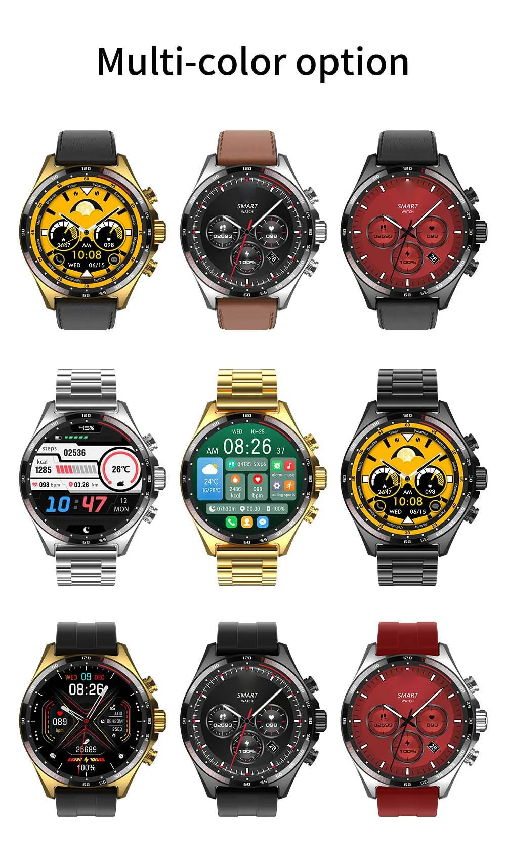 Hotsale Silver Gold Stainless Steel Color Smart Watch 1.58 Inch Bt Call Nfc Wireless Charging Smartwatch