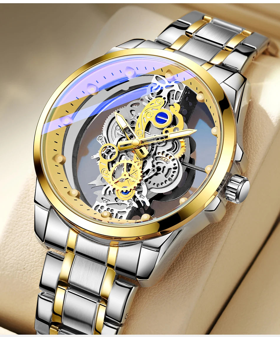 Hot Trendy Fashion Wholesale Men Golden Skeleton Automatic Quartz Wrist Watches Luxury