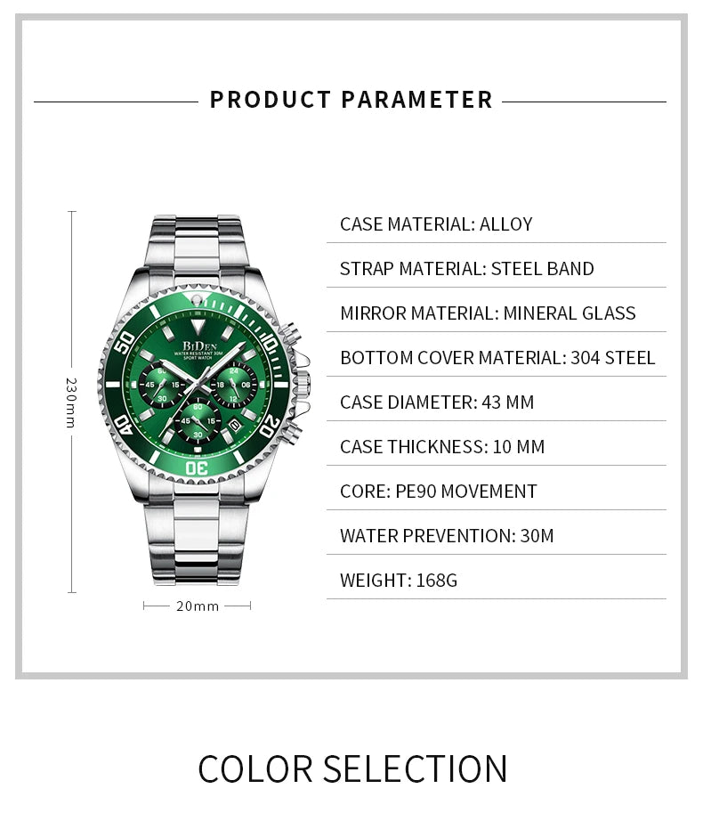 BIDEN Men's sports watch, chronograph, waterproof date simulation quartz watch, men's business watch