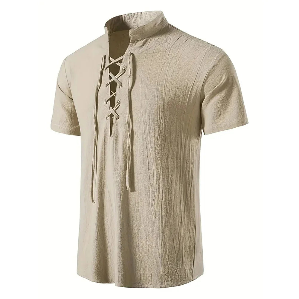Men's Retro Shirt Short Sleeve Cotton Linen Lightweight Breathable Solid Color Fashion Tops Pirate V-neck Male Stylish Shirs